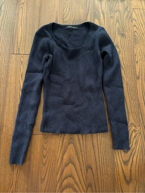 Ribbed Long Sleeve Scoop Neck Sweater - Navy